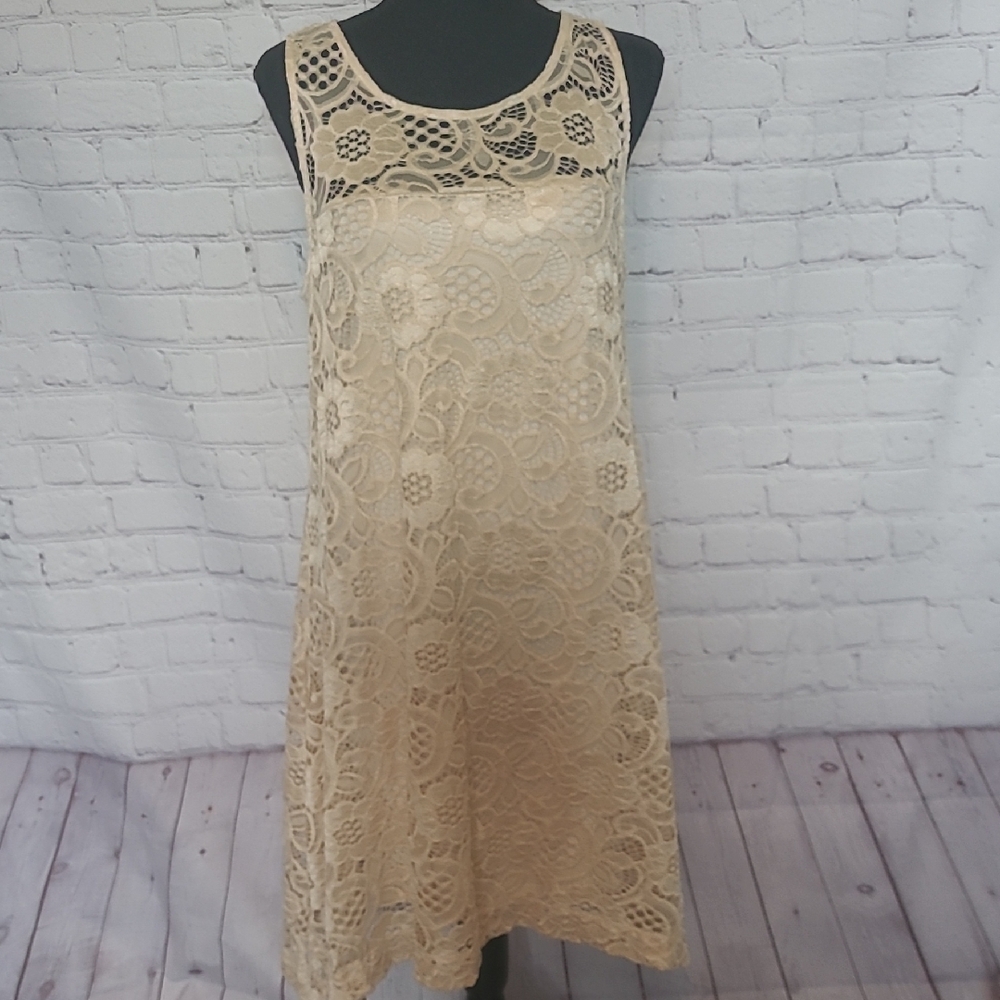 Cream Lace Sleeveless Size Large A Line Summer Dress Feminine Neutral Summer
